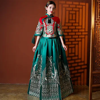 Ancient Ladies Full Length Princess Dress Elegant Noble Beauty Bride Wedding Cheongsam Suit Green Embroidery Formal Qiapao Gift
Ancient Ladies Full Length Princess Dress Elegant Noble Beauty Bride Wedding Cheongsam Suit Green Embroidery Formal Qiapao Gift