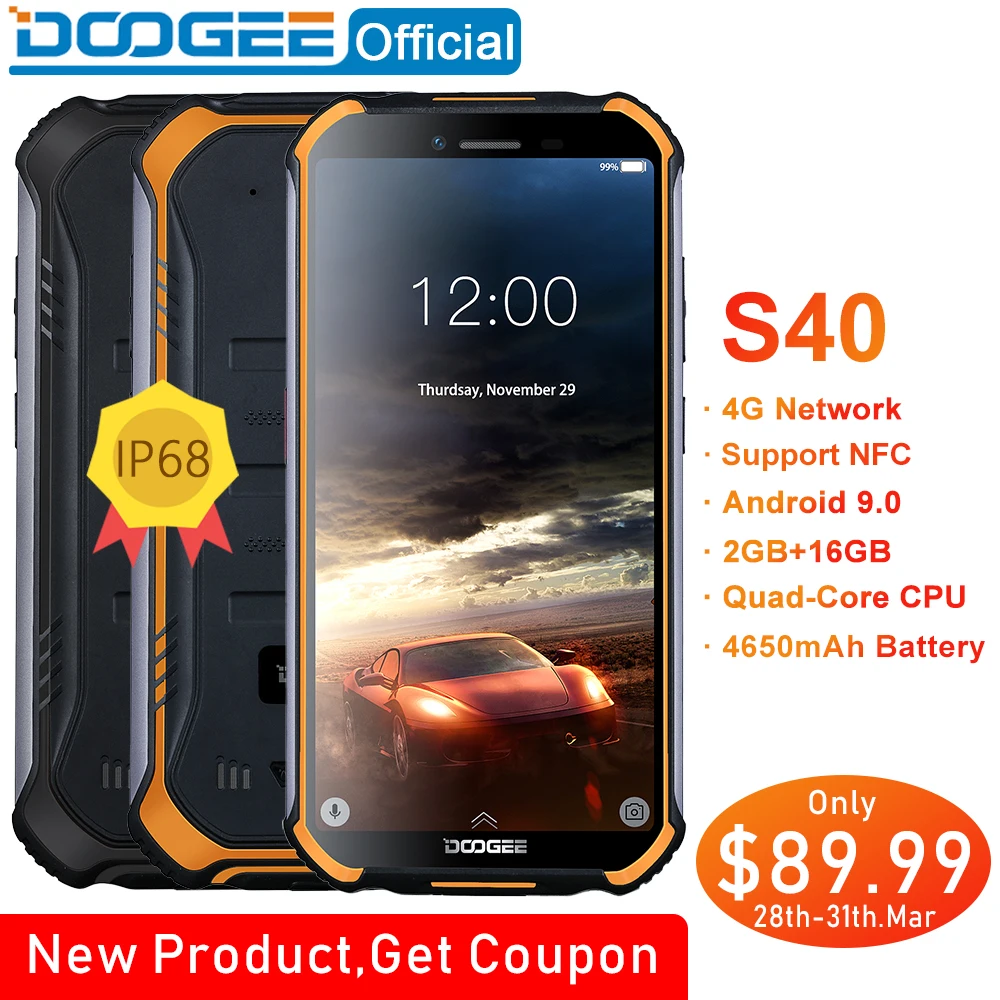 IP68/IP69K DOOGEE S40 MTK6739 Quad Core 2GB RAM 16GB ROM Android 9.0 4GNetwork Rugged Mobile Phone 5.5inch Display 4650mAh 8.0MP
IP68/IP69K DOOGEE S40 MTK6739 Quad Core 2GB RAM 16GB ROM Android 9.0 4GNetwork Rugged Mobile Phone 5.5inch Display 4650mAh 8.0MP