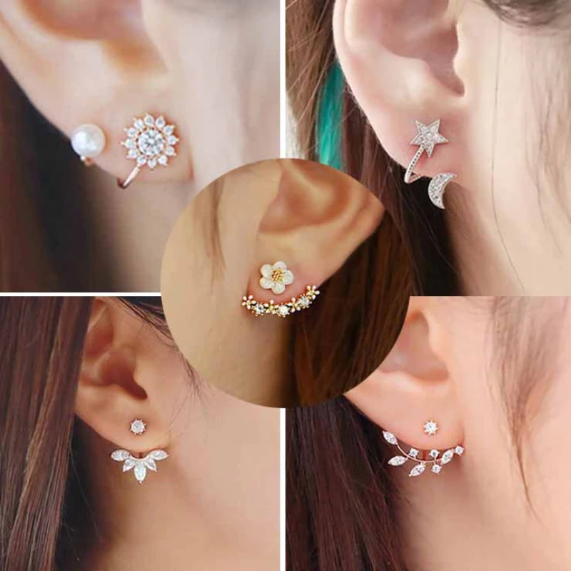 New Hot 5pair/set crystal stud earrings for Women Flower moon star leaf cute Accessories wholesale | Украшения и аксессуары