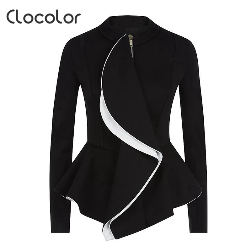 Image Clocolor Autumn 2016 New Fashion Black Women Jacket Empire Ruffles Women Coat O Neck Long Sleeve Coat Female Women Jacket