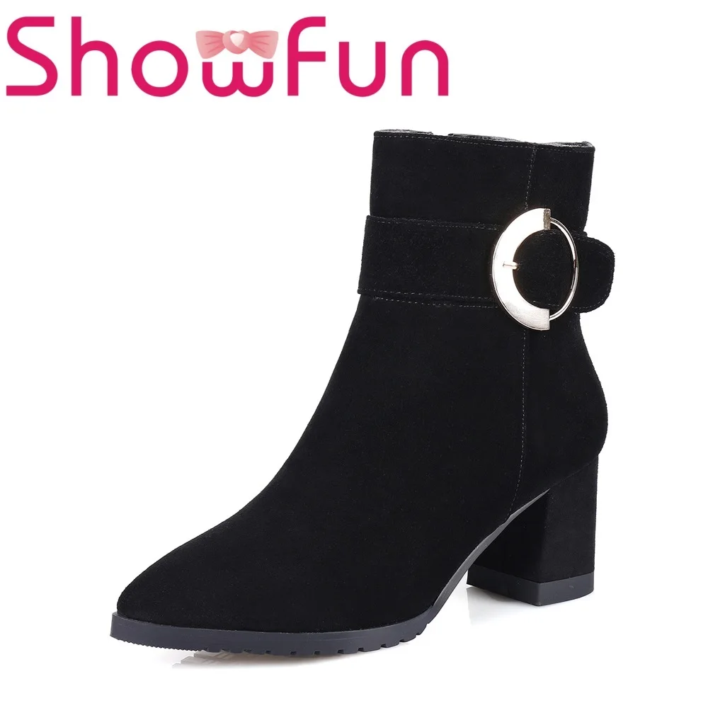 Showfun genuine leather shoes woman winter solid ankle pointed toe zipper short plush square heel boots
Showfun genuine leather shoes woman winter solid ankle pointed toe zipper short plush square heel boots