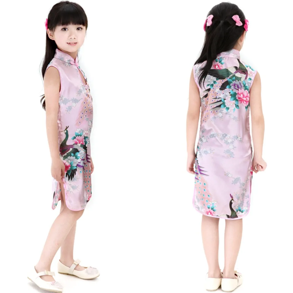 2Y-8Y Baby Girl Dress Peacock Sleeveless Slim Traditional Dress Cheongsam Girls Clothes Chinese Style Qipao baby chinese dress 2Y-8Y Baby Girl Dress Peacock Sleeveless Slim Traditional Dress Cheongsam Girls Clothes Chinese Style Qipao baby chinese dress