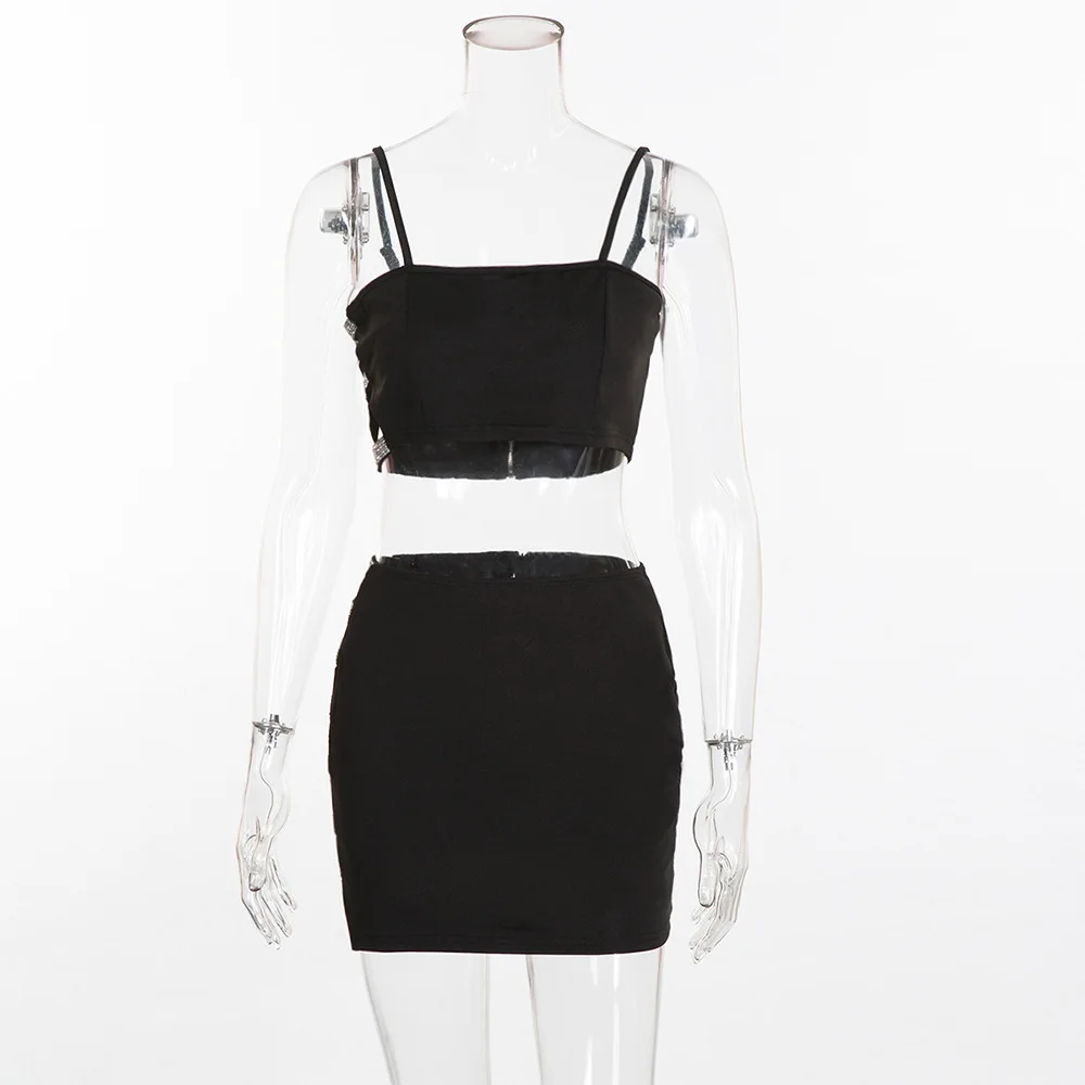 FREE SHIPPING Two Piece Set Diamond Sequin Hollow Crop Top and Skirt Short JKP1165