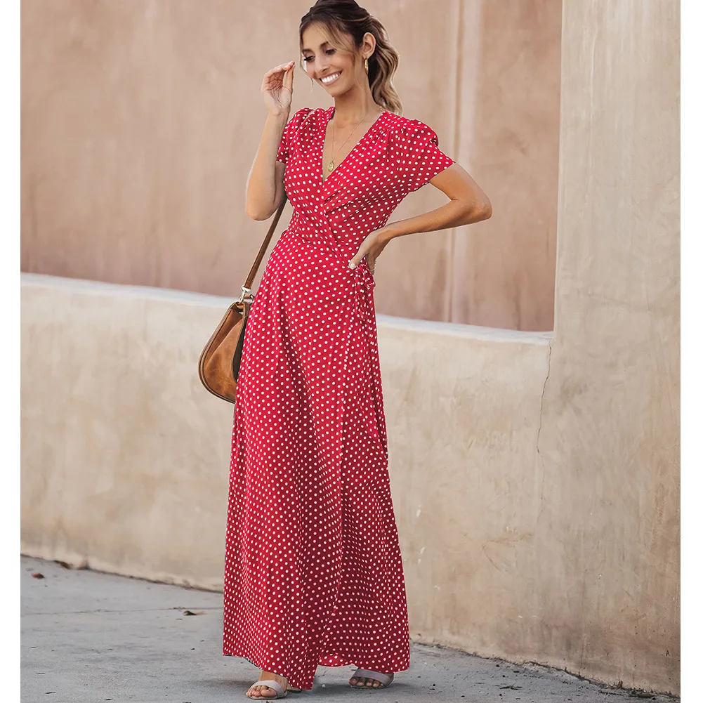 Women Summer Dresses V Neck High Waist Slim Bandage Wave Point Beach Holiday Casual Dresses 2019 New Ladies Elegant Long Dresses
Women Summer Dresses V Neck High Waist Slim Bandage Wave Point Beach Holiday Casual Dresses 2019 New Ladies Elegant Long Dresses