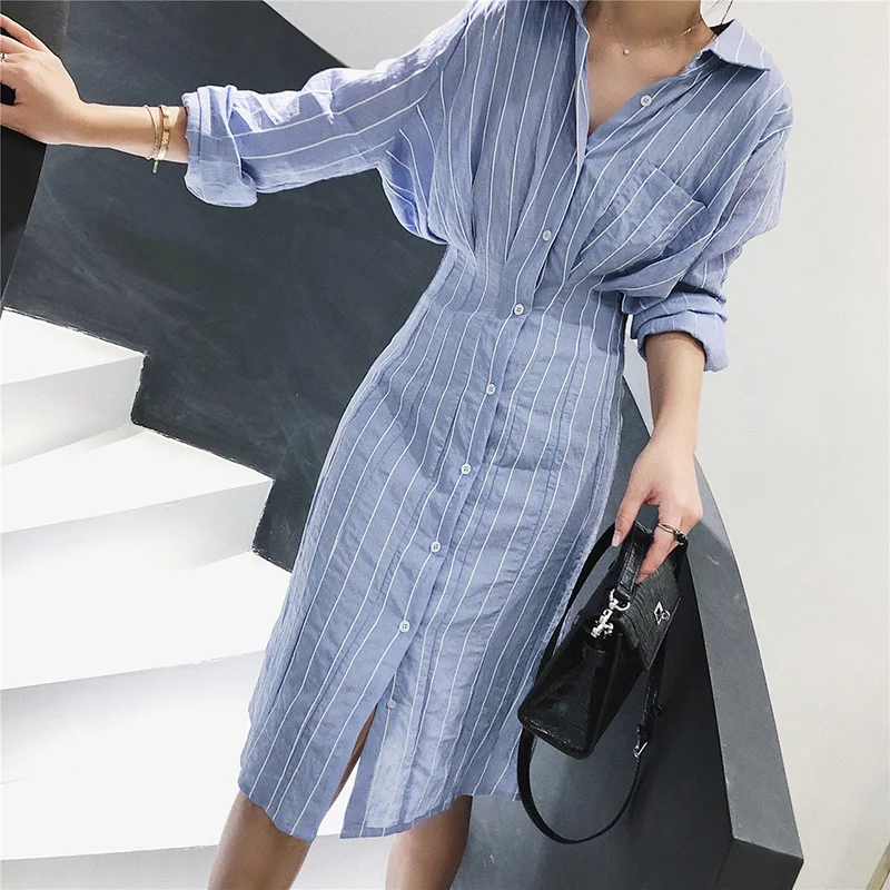 Autumn Women Dress Korean Style Slim Waist Striped Shirt Dress Long Sleeve Knee Length Ladies Elegant Midi Dress Vestidos Jurken
Autumn Women Dress Korean Style Slim Waist Striped Shirt Dress Long Sleeve Knee Length Ladies Elegant Midi Dress Vestidos Jurken