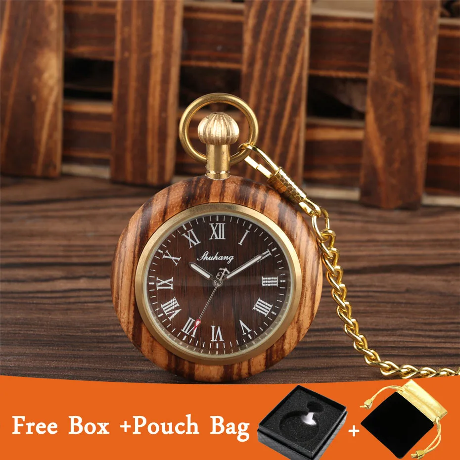 Vintage Open Face Roman Numerals Display Quartz Pocket Watch Wooden Case Luxury Pendant Steampunk Clock with Golden 30 cm Chain | Наручные