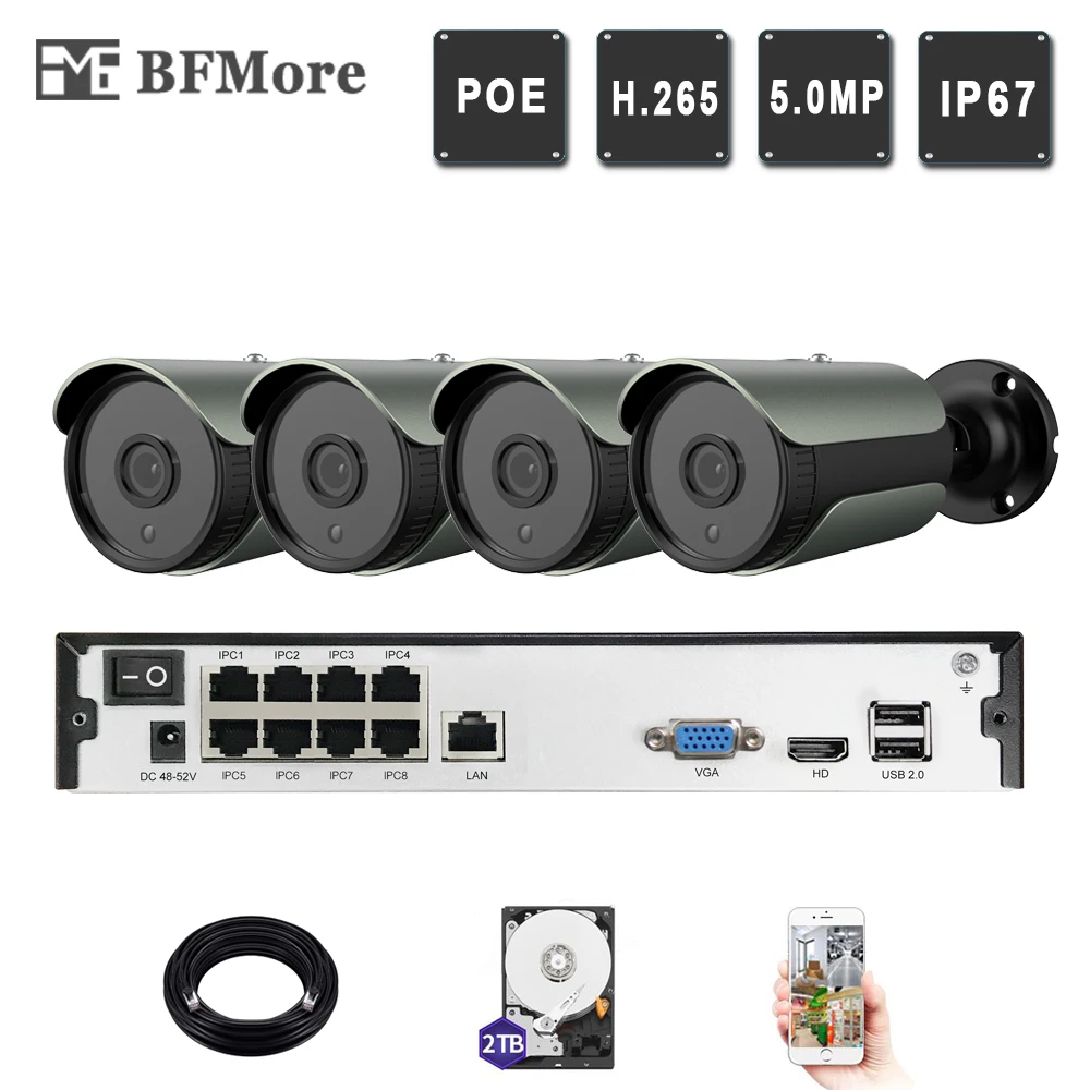 BFMore 4ch 5.0MP 4.0MP POE Kit H.265 система видеонаблюдения 8ch NVR регистрация IP камера наружного