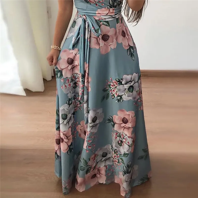 Женское длинное платье макси 2018 летнее пляжное с цветочным принтом в стиле бохо