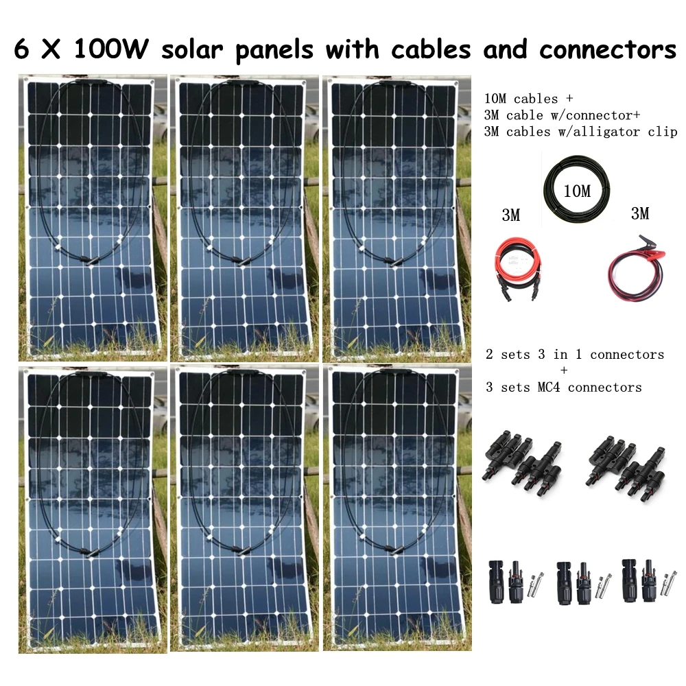 6pcs Mono 100w Solar Panel Modules with MC4 Connectors and Cable House Use Off Grid Solar Power System