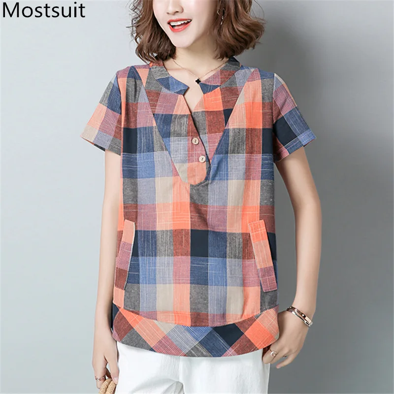 S-4xl 2019 Summer Cotton Linen Plaid Blouses Shirts Women Plus Size Short Sleeve V-neck Casual Vintage Loose Tops Blusas Mujer
S-4xl 2019 Summer Cotton Linen Plaid Blouses Shirts Women Plus Size Short Sleeve V-neck Casual Vintage Loose Tops Blusas Mujer