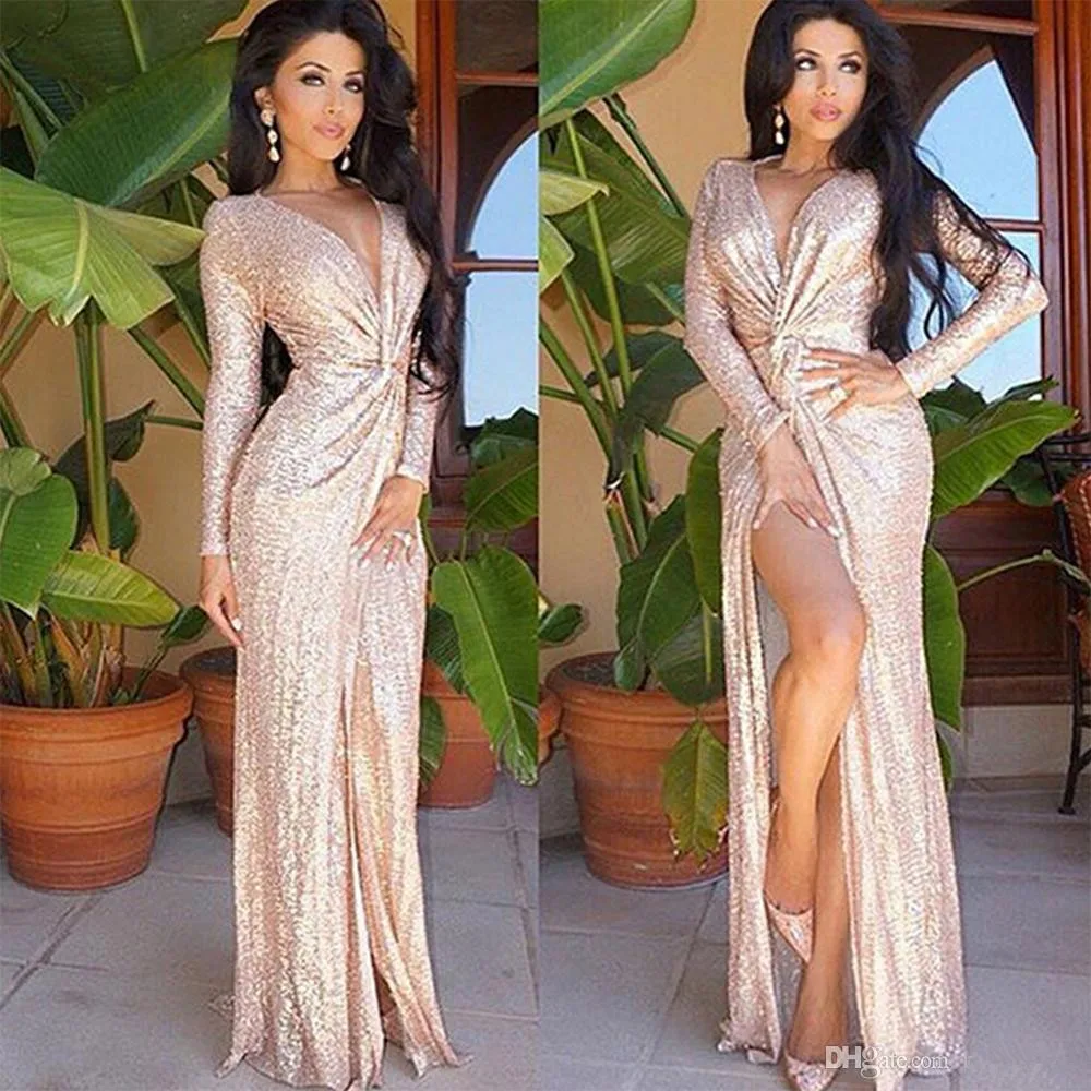 Rose Gold 2019 Prom Dresses Sheath V-neck Long Sleeves Sequins Slit Party Maxys Long Prom Gown Evening Dresses Robe De Soiree
Rose Gold 2019 Prom Dresses Sheath V-neck Long Sleeves Sequins Slit Party Maxys Long Prom Gown Evening Dresses Robe De Soiree