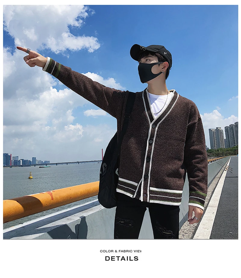 Check Button Cardigan Male Oversize Loose Streetwear (29)