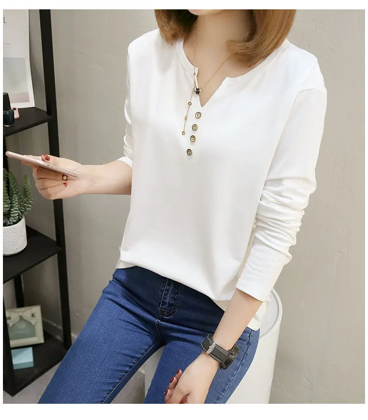 New Womens Tops Tees 2019 Autumn Large Size Tshirt Femme Casual V-neck Long Sleeve Cotton T-shirt Poleras Mujer Tshirts Female (4)