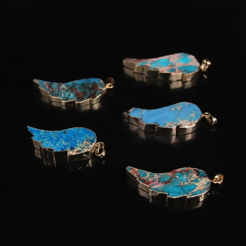Natural Sea Sediment Blue Jaspers Wing Slice Pendant with Gold edged Raw Emperor Gems Slab Leaf Copper Necklace | Украшения и