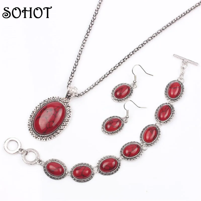 SOHOT Women Accessory Tibetan Silver Color Metal Chain Red Natural Stones Oval Pendant Necklaces Bracelets Earrings Jewelry Sets
SOHOT Women Accessory Tibetan Silver Color Metal Chain Red Natural Stones Oval Pendant Necklaces Bracelets Earrings Jewelry Sets