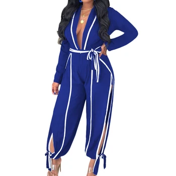 Deep V Side Striped Open Slit Sexy Bandage Jumpsuits Women Full Sleeve Holiday Casual Romper Streetwear Overalls Club Party 2019
Deep V Side Striped Open Slit Sexy Bandage Jumpsuits Women Full Sleeve Holiday Casual Romper Streetwear Overalls Club Party 2019