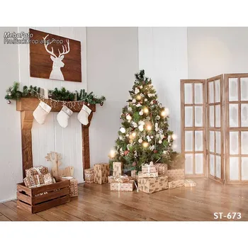 

Christmas background vinyl photography backdrops Computer Printed christmas fire place tree and Gift box for Photo studio ST-673
