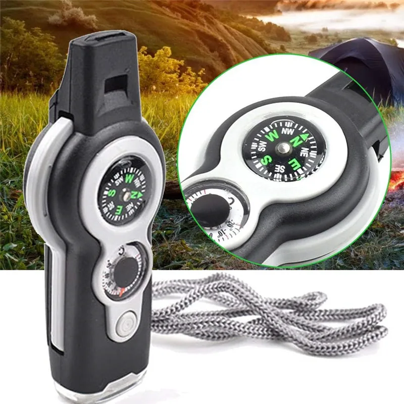 

7 in 1 Multi-Function Survival Tool Whistle Compass Thermometer LED Light Mirror Magnifier Emergency Rescue Outdoor Camping Tool