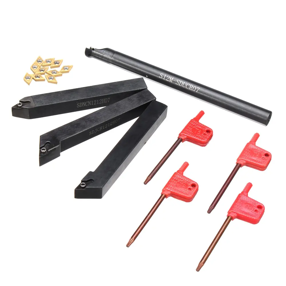 4Pcs 12mm Lathe Turning Tool Holder Boring Bar + 10Pcs DCMT070204 Carbide Inserts + 4Pcs Wrenches for Machine Tool Sets
4Pcs 12mm Lathe Turning Tool Holder Boring Bar + 10Pcs DCMT070204 Carbide Inserts + 4Pcs Wrenches for Machine Tool Sets