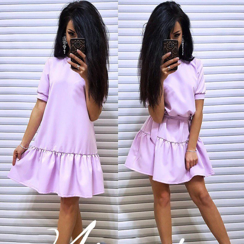 violet Casual O Neck Short Sleeve Droop Waist Dress