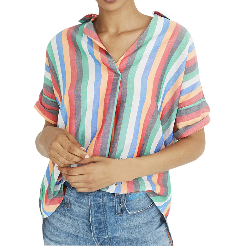 Womens Casual Multi Color Print Button Turn Down Collar V-Neck Stripe Short Sleeved Summer Girl's Shirts Female Blusas T-Shirts
Womens Casual Multi Color Print Button Turn Down Collar V-Neck Stripe Short Sleeved Summer Girl's Shirts Female Blusas T-Shirts