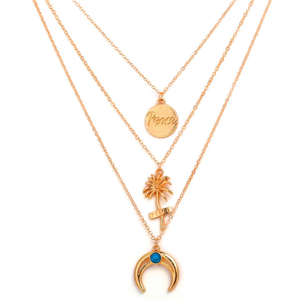 Ladies fashion summer beach style metal coconut tree English nameplate moon and pine stone three-layer necklace pendant
Ladies fashion summer beach style metal coconut tree English nameplate moon and pine stone three-layer necklace pendant