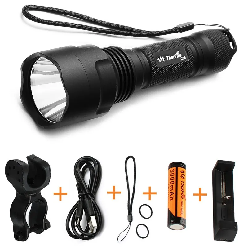 

ThorFire C8s hight power 5 Modes 900 Lumen LED Flashlight Waterproof bicycle cycling torch +18650 Battery+Charger+Light Mount