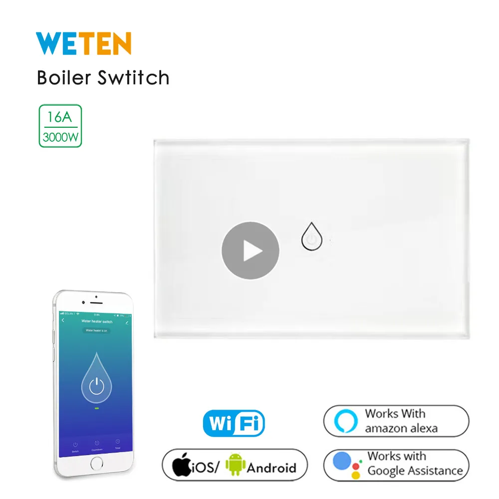 Smart Wifi Water Heater Boiler Switch 16A 3000W Glass Panel High-Power Timmer Mobile APP Voice Control with Alexa Google Home
Smart Wifi Water Heater Boiler Switch 16A 3000W Glass Panel High-Power Timmer Mobile APP Voice Control with Alexa Google Home