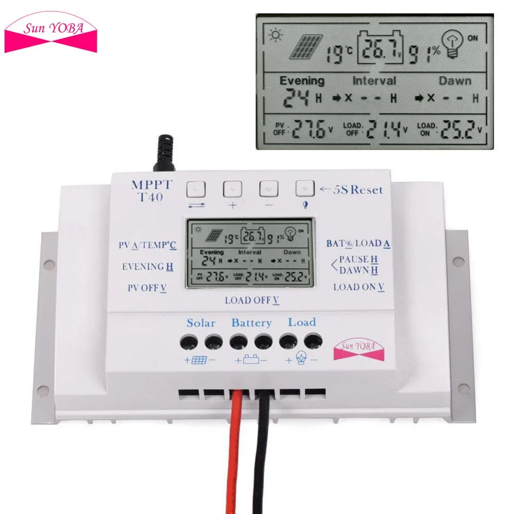 LCD 40A 12V/24V MPPT Streetlight Three-time Solar Charge Controller with 5V USB LCD Display Charger Controller Regulator Panel
LCD 40A 12V/24V MPPT Streetlight Three-time Solar Charge Controller with 5V USB LCD Display Charger Controller Regulator Panel