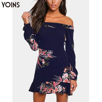 

2020 YOINS Summer Autumn Women Dress Sexy Long Sleeve Random Floral Print Off Shoulder Mini Dress Streetwear Vestidos Bohemian