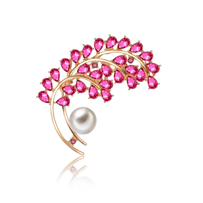 Full Bling Pink Crystal Leaf Brooches Pins Vintage Style Simulated Pearl Big Women Brooch Wedding Accessory Jewelry Bijoux 7182 | Украшения