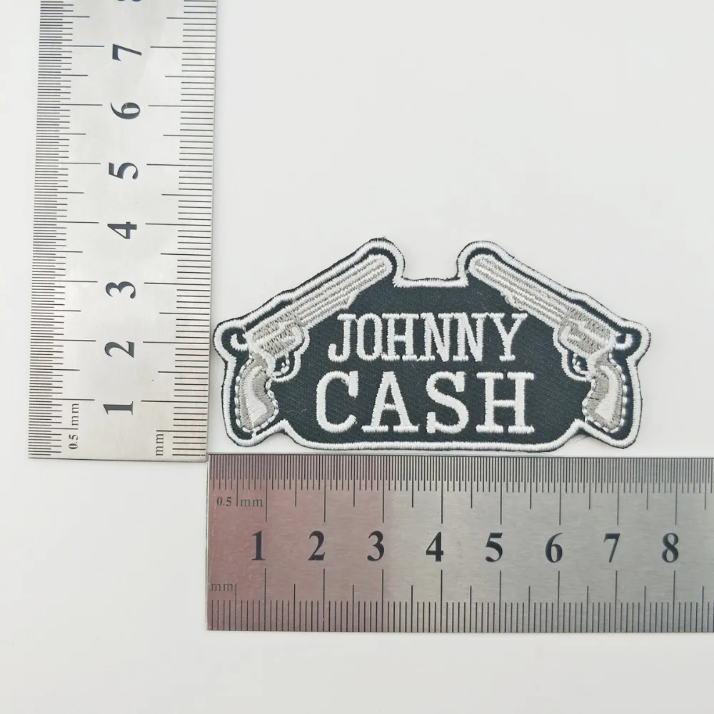 T170526 (2)Custom Design Logo Name JOHNNY CASH DOUBLE GUNS PATCH Iron On T-shit Cap Bag DIY Embroidery Badge