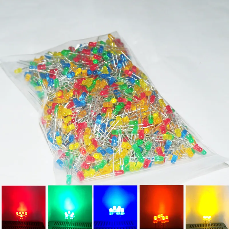

1000pcs 3mm LED Lamp Diode Mixed Light Emitting Diodes Diffused Lampada Carro 3 mm LEDs Alto Brilho RED Green Blue Yellow Orange