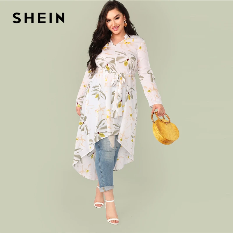 

SHEIN Plus Size Roll-Up Sleeve Floral Print Belted Dip Hem Top Blouse 2019 Women Spring Casual White Half Sleeve V neck Blouses