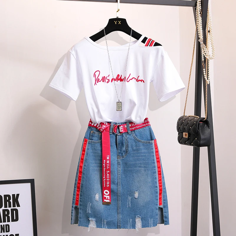 2019 Summer Women Sexy Shoulder Letter T-shirt + Denim Skirt 2 pcs sets Female Fashion Suits A209
2019 Summer Women Sexy Shoulder Letter T-shirt + Denim Skirt 2 pcs sets Female Fashion Suits A209