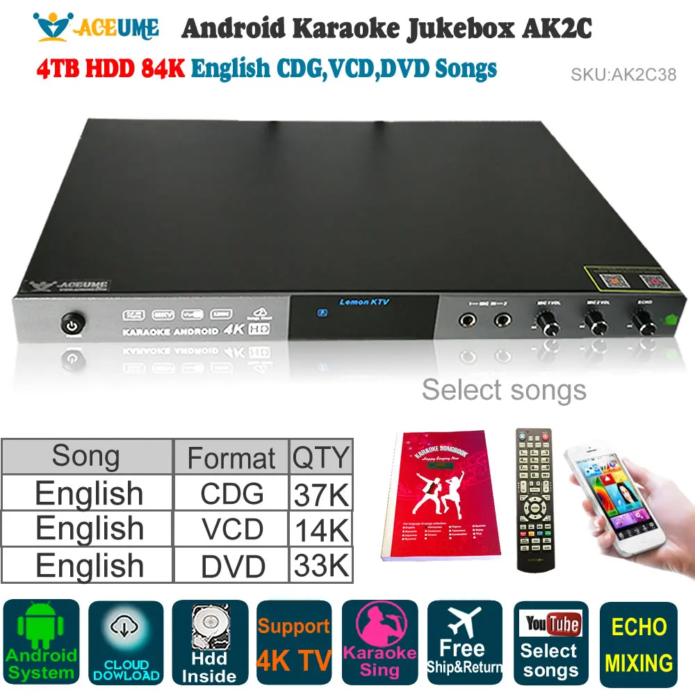Android Karaoke Player 4TB HDD 84K English CDG,VCD,DVD Song Jukebox,AK2C38,Cloud Download,YOUTUBÊ ,Home KTV Sing,ECHO Mixing
Android Karaoke Player 4TB HDD 84K English CDG,VCD,DVD Song Jukebox,AK2C38,Cloud Download,YOUTUBÊ ,Home KTV Sing,ECHO Mixing