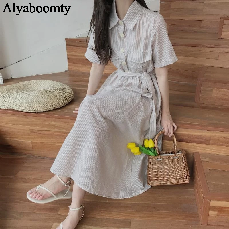 Mori Girl Summer Women Long Dress Turn-Down Collar Apricot Blue Striped Shirt Dress Elegant Sashes Casual Oversized Midi Dresses
Mori Girl Summer Women Long Dress Turn-Down Collar Apricot Blue Striped Shirt Dress Elegant Sashes Casual Oversized Midi Dresses