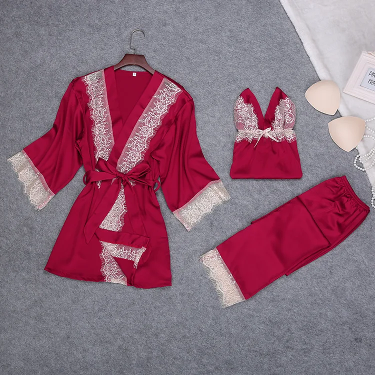 Ladies Sexy Silk Satin Pajama Set Lace Pijama Set 3 Pieces V-neck Pyjama Set Autumn Spring Sleepwear Set Fashion Home Wear Women
Ladies Sexy Silk Satin Pajama Set Lace Pijama Set 3 Pieces V-neck Pyjama Set Autumn Spring Sleepwear Set Fashion Home Wear Women