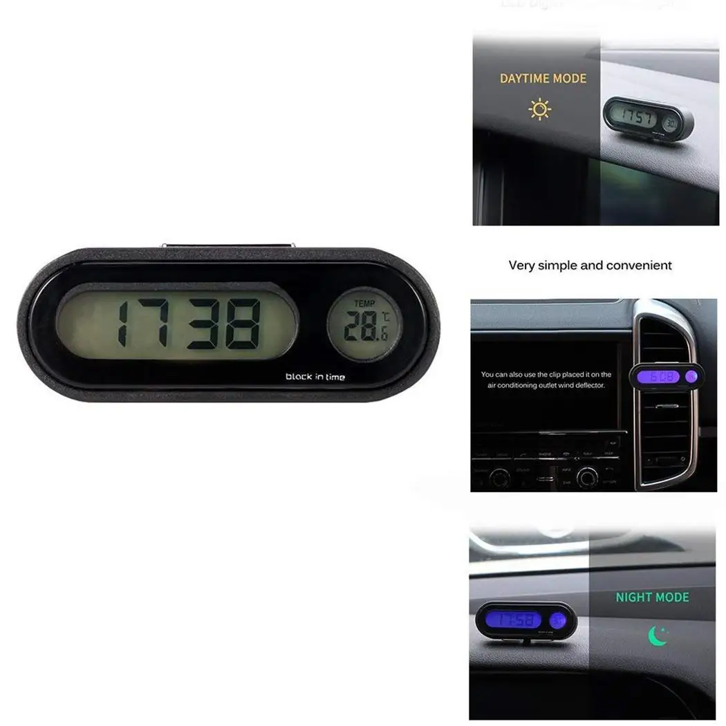 

2 In 1 Car Dashboard LCD Black x CR2032 (Included) Clock, Electronic Clock Digital Thermometer LED Backlight