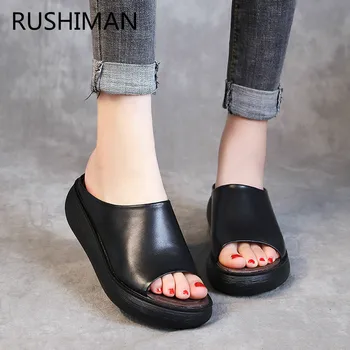 

RUSHIMAN 2019 new national style went out to wear slope and word drag cake thick background retro leather cool slippers black