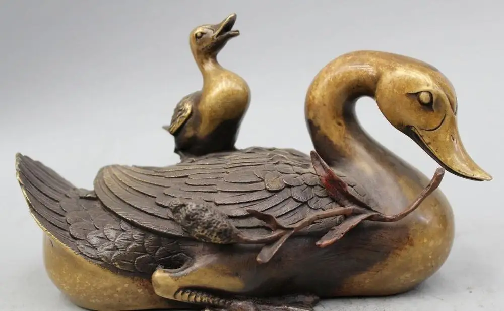 8" Chinese Fengshui Pure Bronze Duck Swan Mother Son Animal Statue Sculpture