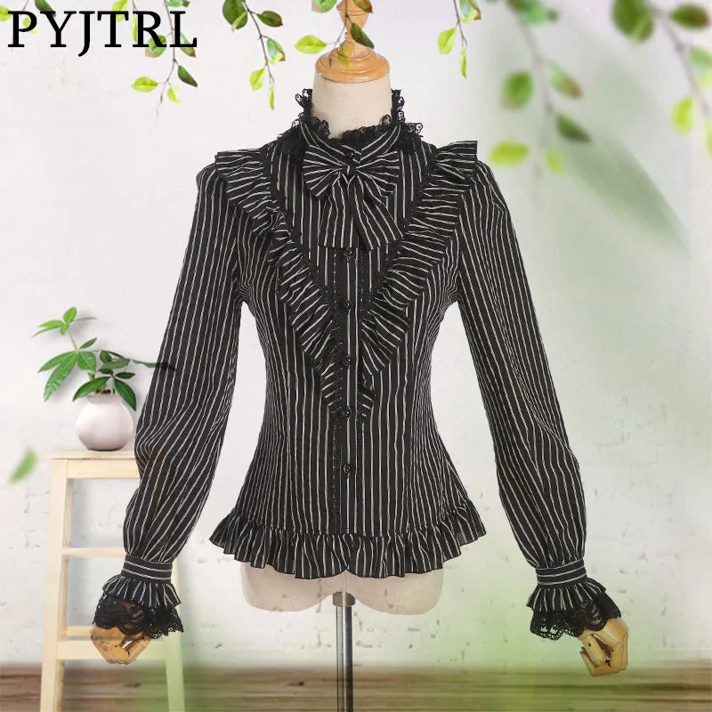 PYJTRL 2018 Spring Autumn Vintage LOLITA Black White Strip Slim Fit Long Sleeve Blouse Women Lace Ruffles Tops Womens Clothing
PYJTRL 2018 Spring Autumn Vintage LOLITA Black White Strip Slim Fit Long Sleeve Blouse Women Lace Ruffles Tops Womens Clothing
