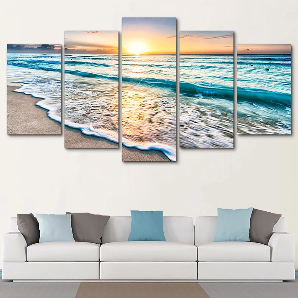 Картины на стену HD печать модульные плакаты картины холсте 5 панелей волны пляже