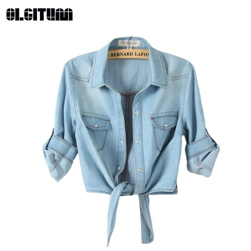 

Plus Size 2018 New Fashion Women Hot Sale Denim Shirt Female Sweep Tieclasps Lacing Denim Outerwear Cardigan Short BS063