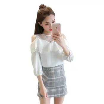 New 2018 Spring Summer Fresh Dew Shoulder Chiffon Blouse Grid Bodycon Skirt Suit Lady Fashion Outfit 2 Pcs Clothing Set Vestid 
New 2018 Spring Summer Fresh Dew Shoulder Chiffon Blouse Grid Bodycon Skirt Suit Lady Fashion Outfit 2 Pcs Clothing Set Vestid