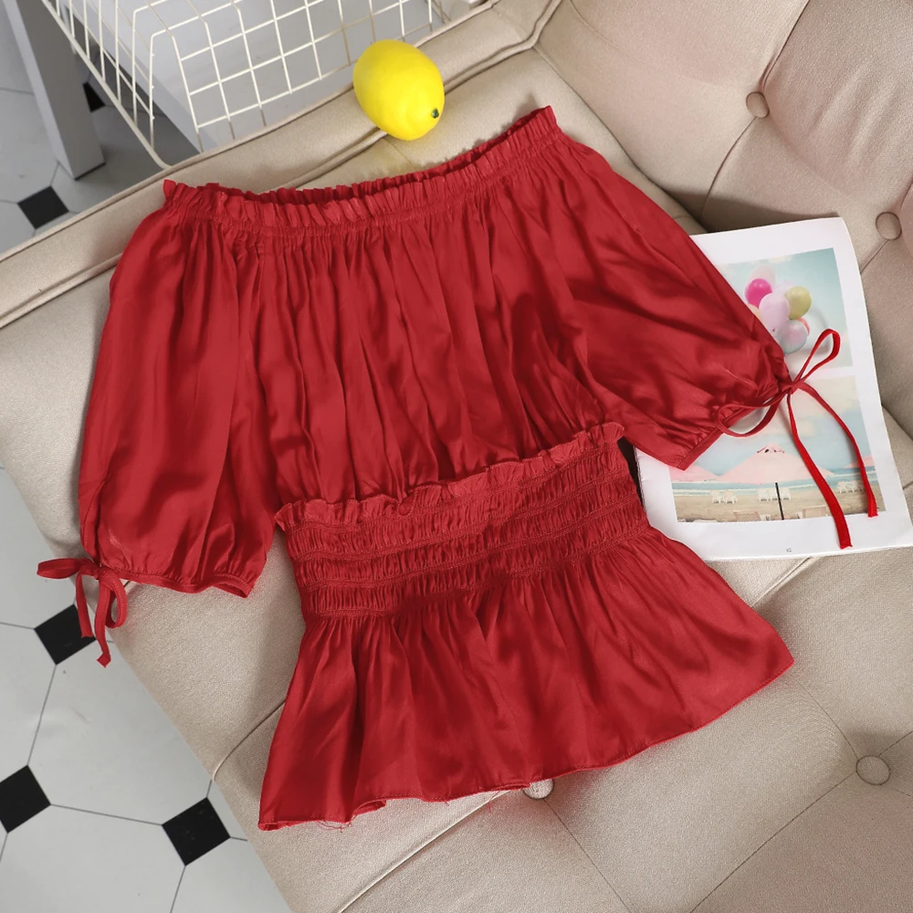 Women Summer Slash Neck Short Puff Sleeve Bandage Strap Basic Shirts Elegant Pleated Slim High Waist Pleated Ruffles Blouse Tops
Women Summer Slash Neck Short Puff Sleeve Bandage Strap Basic Shirts Elegant Pleated Slim High Waist Pleated Ruffles Blouse Tops