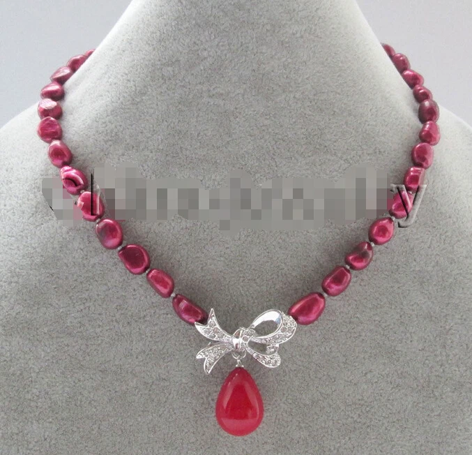 FREE shipping>>> >>> 17"9-12mm red baroque freshwater pearl necklace + butterfly 20mm sea shell pearl