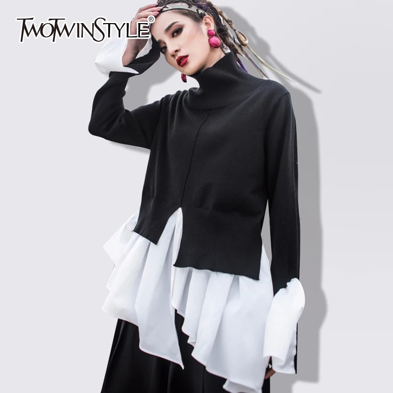 TWOTWINSTYLE Knitting Turtleneck Sweater Womens Flare Sleeve Ruffles Patchwork Draped Irregular Pullover Spring Fashion Harajuku
TWOTWINSTYLE Knitting Turtleneck Sweater Womens Flare Sleeve Ruffles Patchwork Draped Irregular Pullover Spring Fashion Harajuku