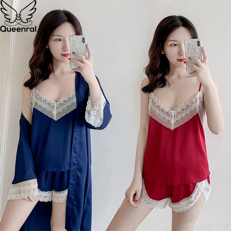 Queenral 3PCS Women Pajamas Set Silk Stain Sleepwear Lingerie Pyjamas Female Home Wear Robe Gown Set Home Suit Pijamas Sexy
Queenral 3PCS Women Pajamas Set Silk Stain Sleepwear Lingerie Pyjamas Female Home Wear Robe Gown Set Home Suit Pijamas Sexy