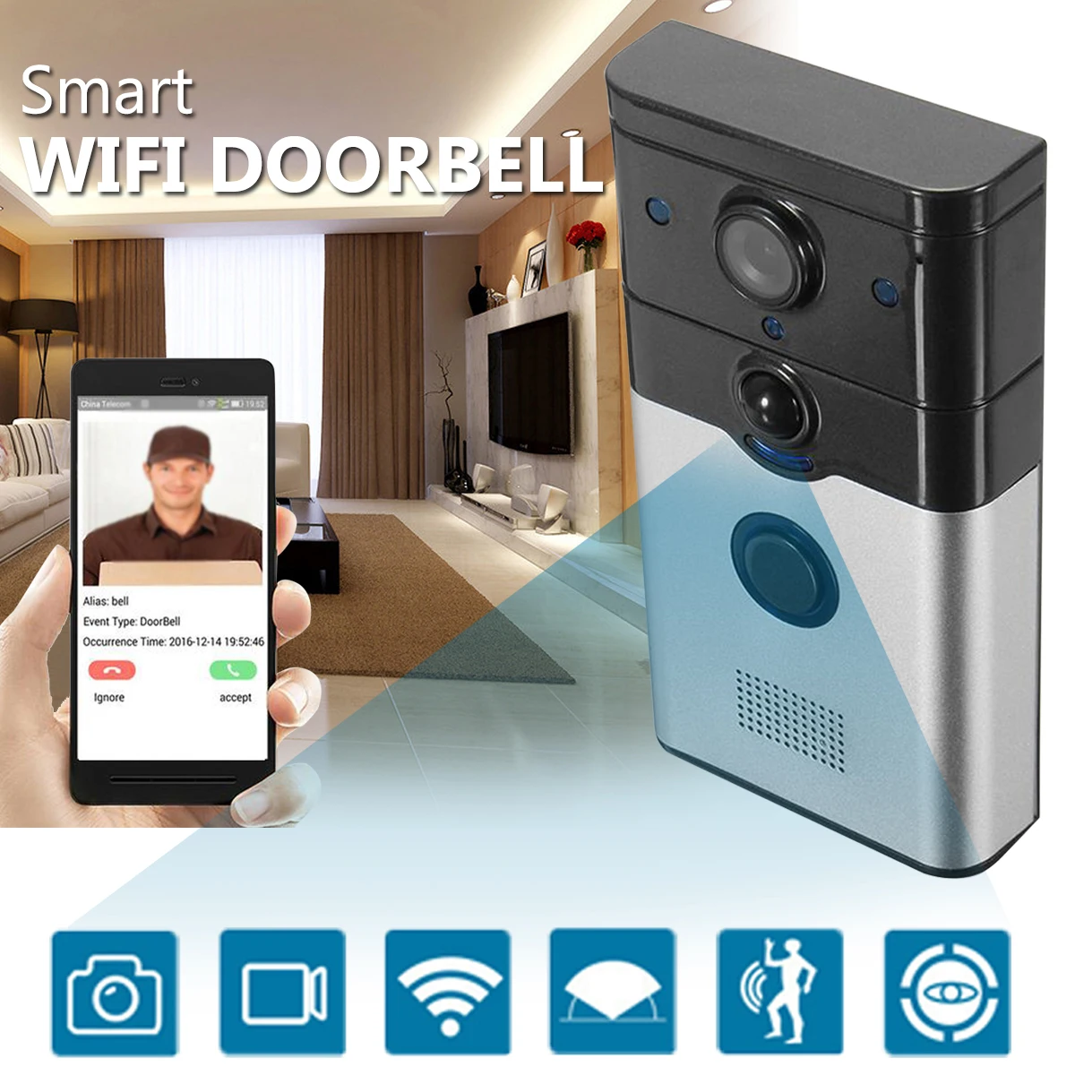 Intelligent Remote Control Wifi Doorbell C amera Black AC100-230V P2P Cloud Record Alarm Two-way Voice 8 Users Smart Safe Home
Intelligent Remote Control Wifi Doorbell C amera Black AC100-230V P2P Cloud Record Alarm Two-way Voice 8 Users Smart Safe Home